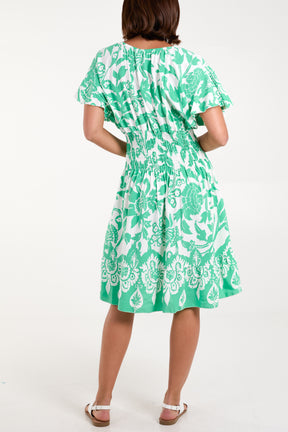 Floral Angel Sleeve Shirred Bodice Mini