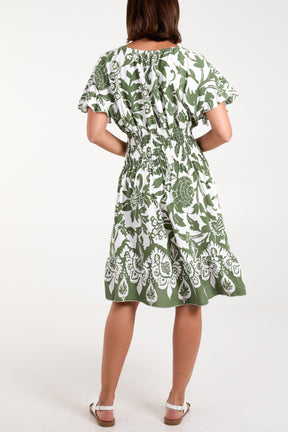 Floral Angel Sleeve Shirred Bodice Mini