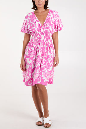 Floral Angel Sleeve Shirred Bodice Mini