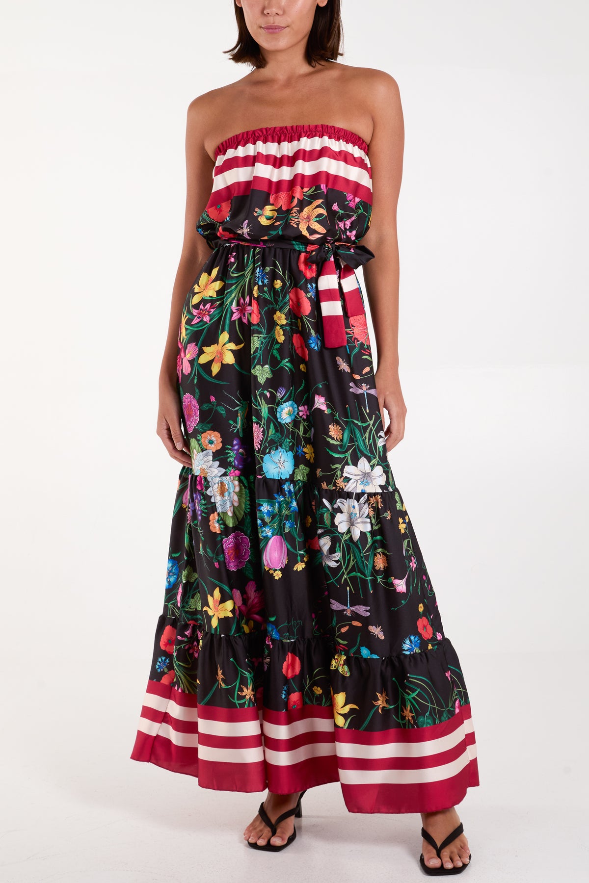 Floral Strapless Satin Maxi Dress