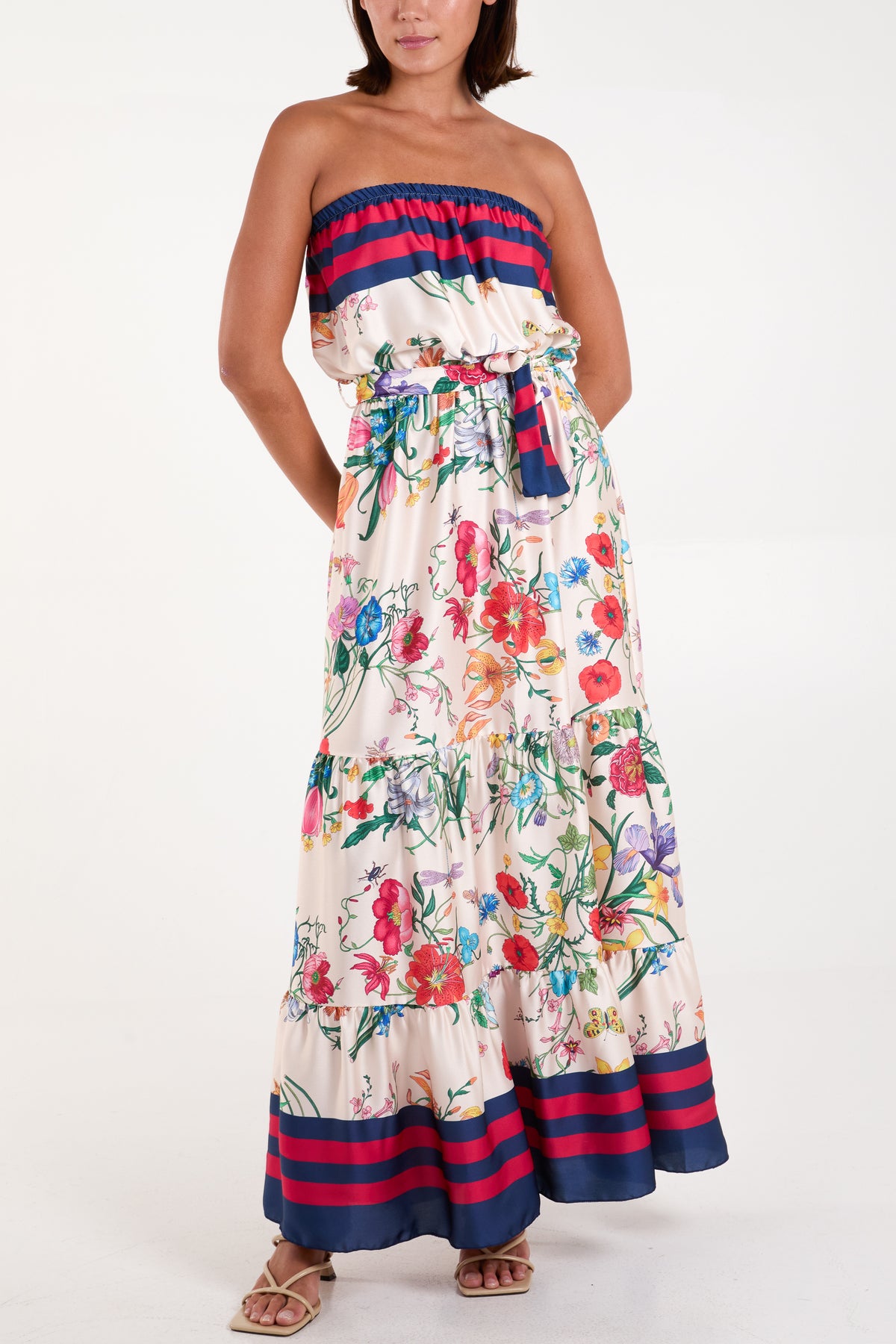 Floral Strapless Satin Maxi Dress