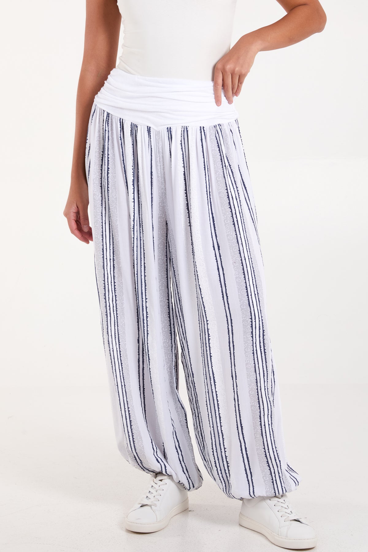Vertical Stripe Contrast Waist Harem Pants