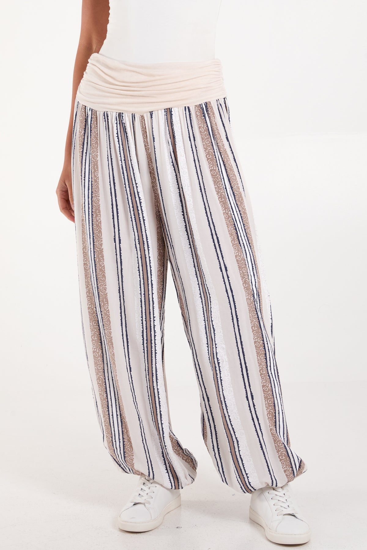 Vertical Stripe Contrast Waist Harem Pants