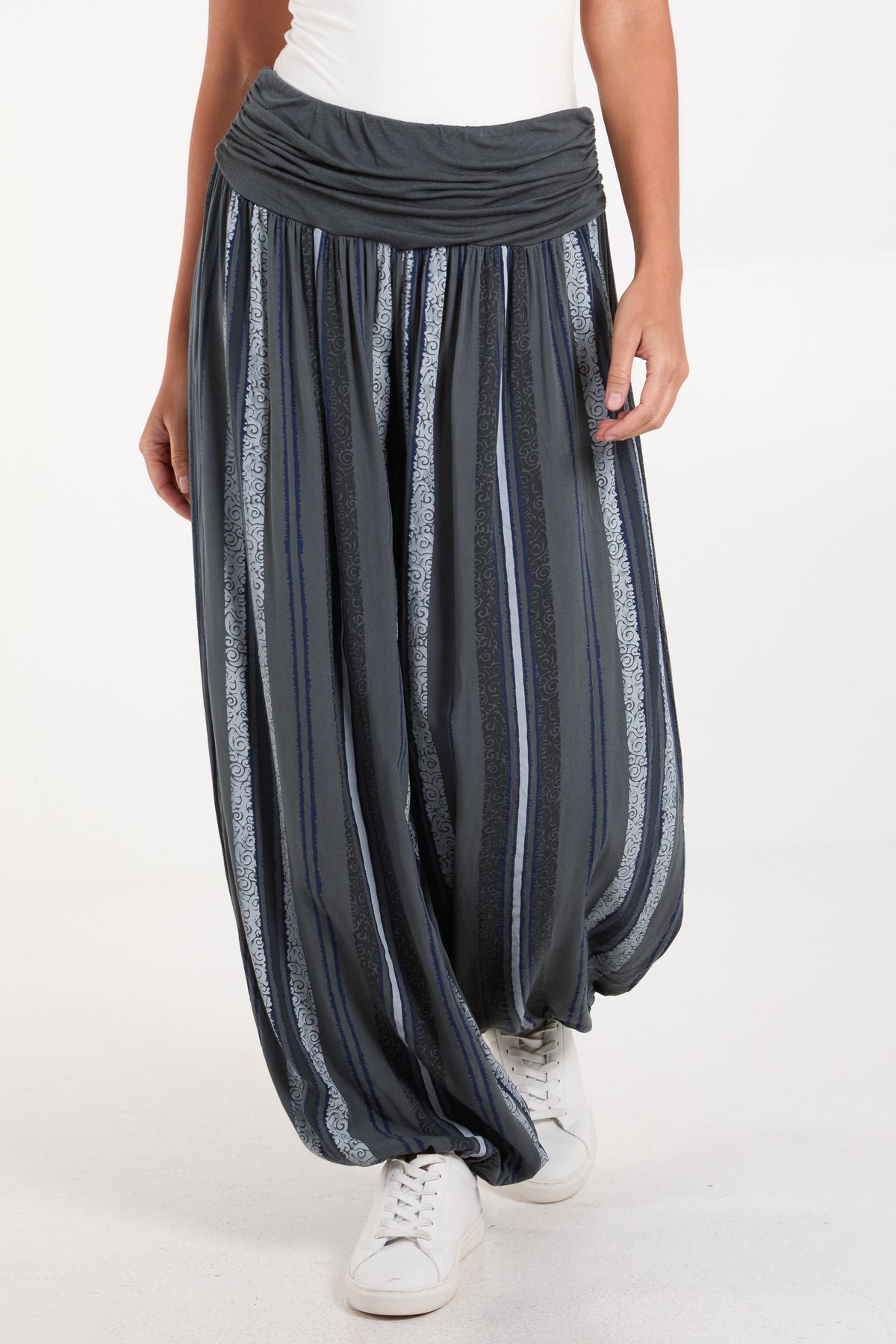 Vertical Stripe Contrast Waist Harem Pants