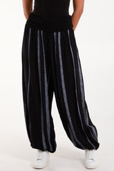 Vertical Stripe Contrast Waist Harem Pants