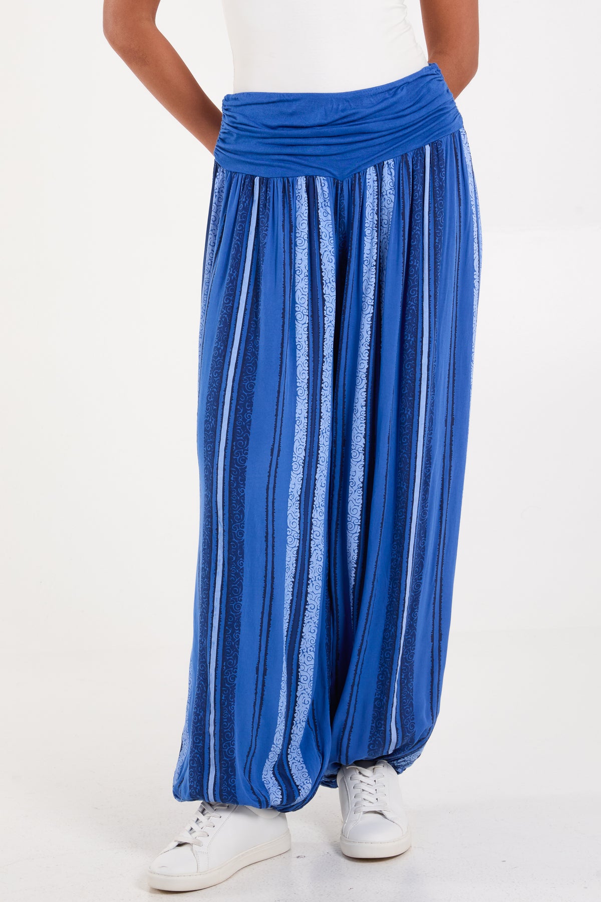 Vertical Stripe Contrast Waist Harem Pants