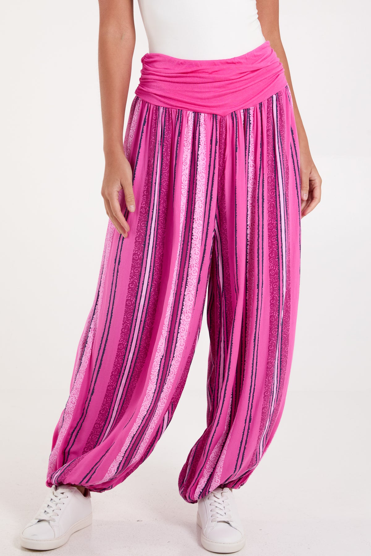 Vertical Stripe Contrast Waist Harem Pants