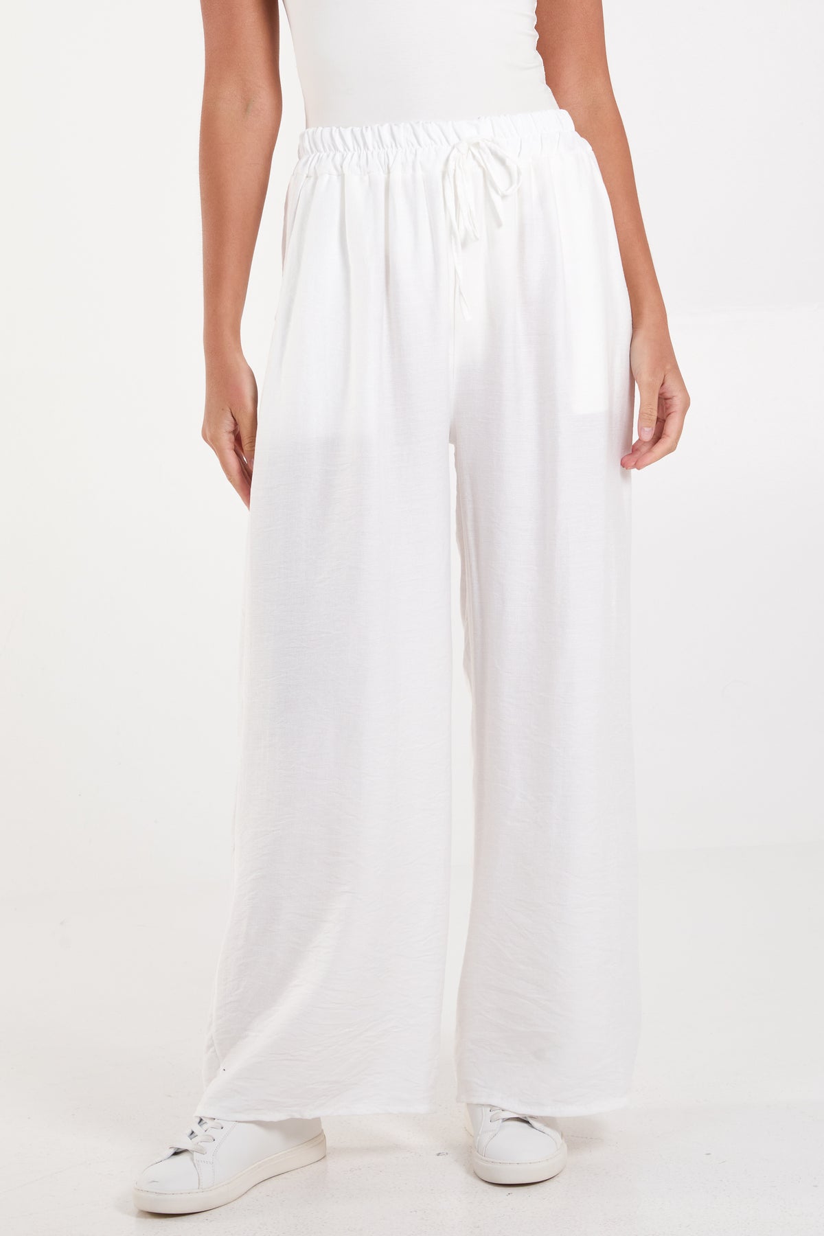 Crepe Elastic Waist Wide Leg Trousers