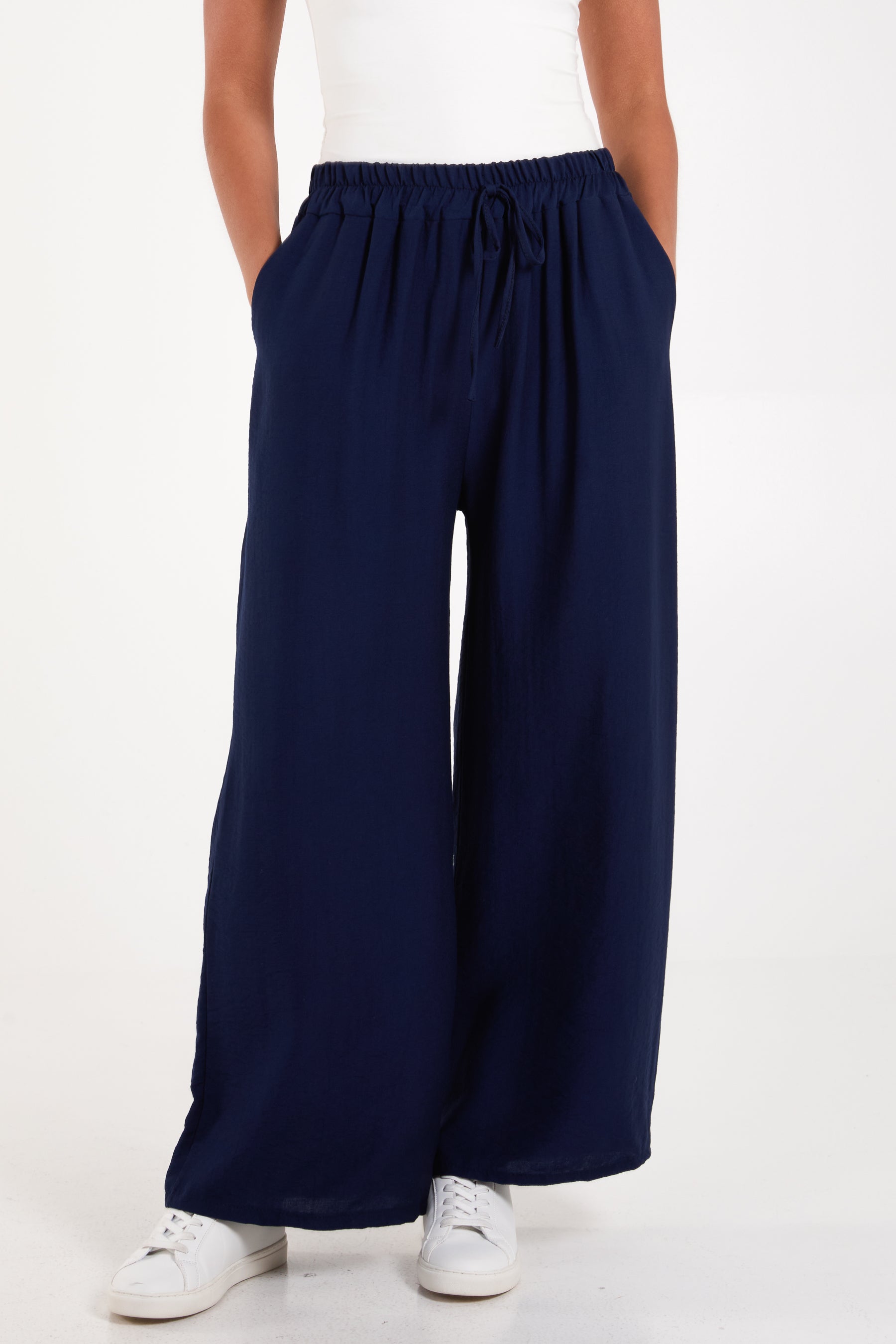 Crepe Elastic Waist Wide Leg Trousers