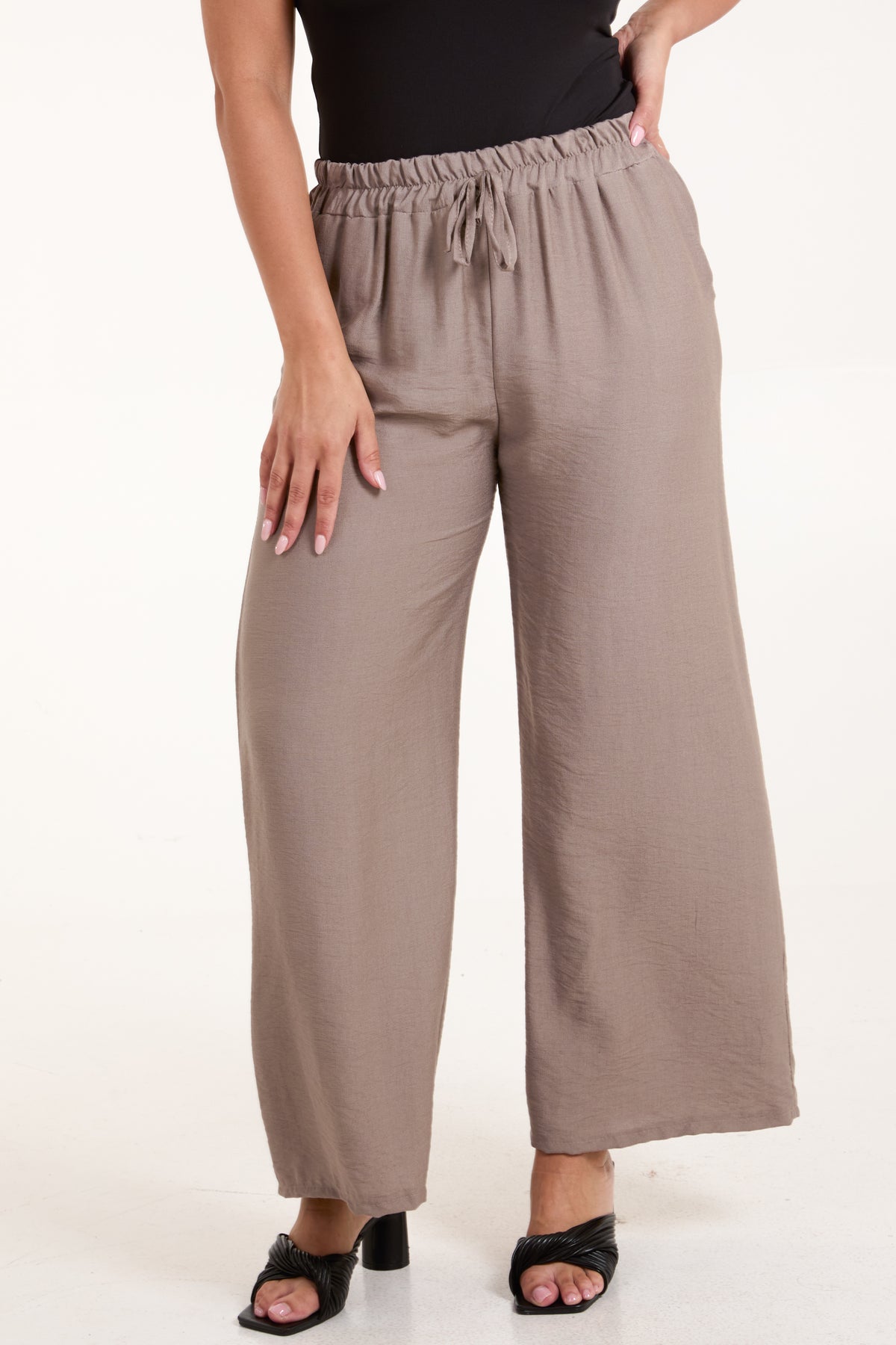 Crepe Elastic Waist Wide Leg Trousers