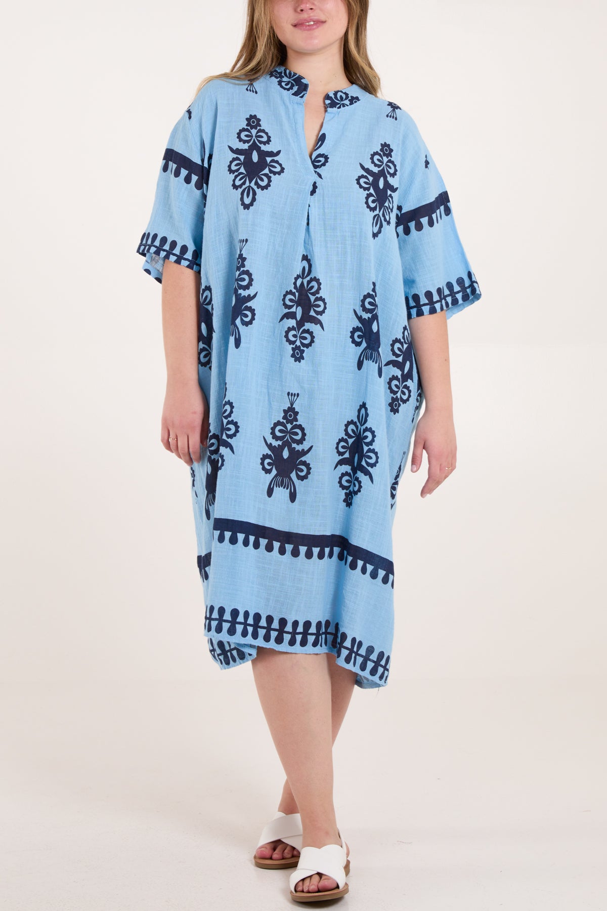 Grandad Collar Printed Cotton Dress