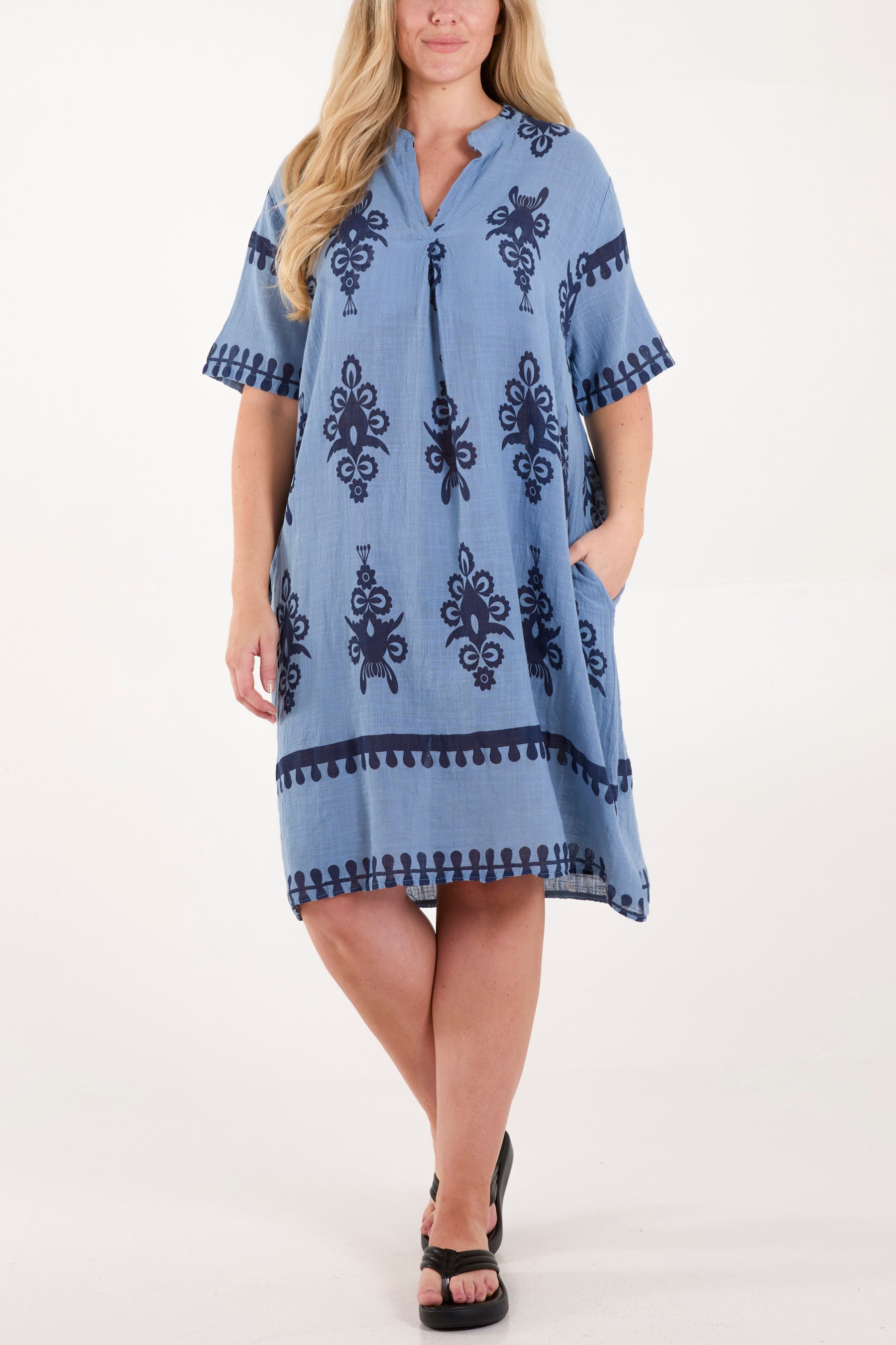 Grandad Collar Printed Cotton Dress