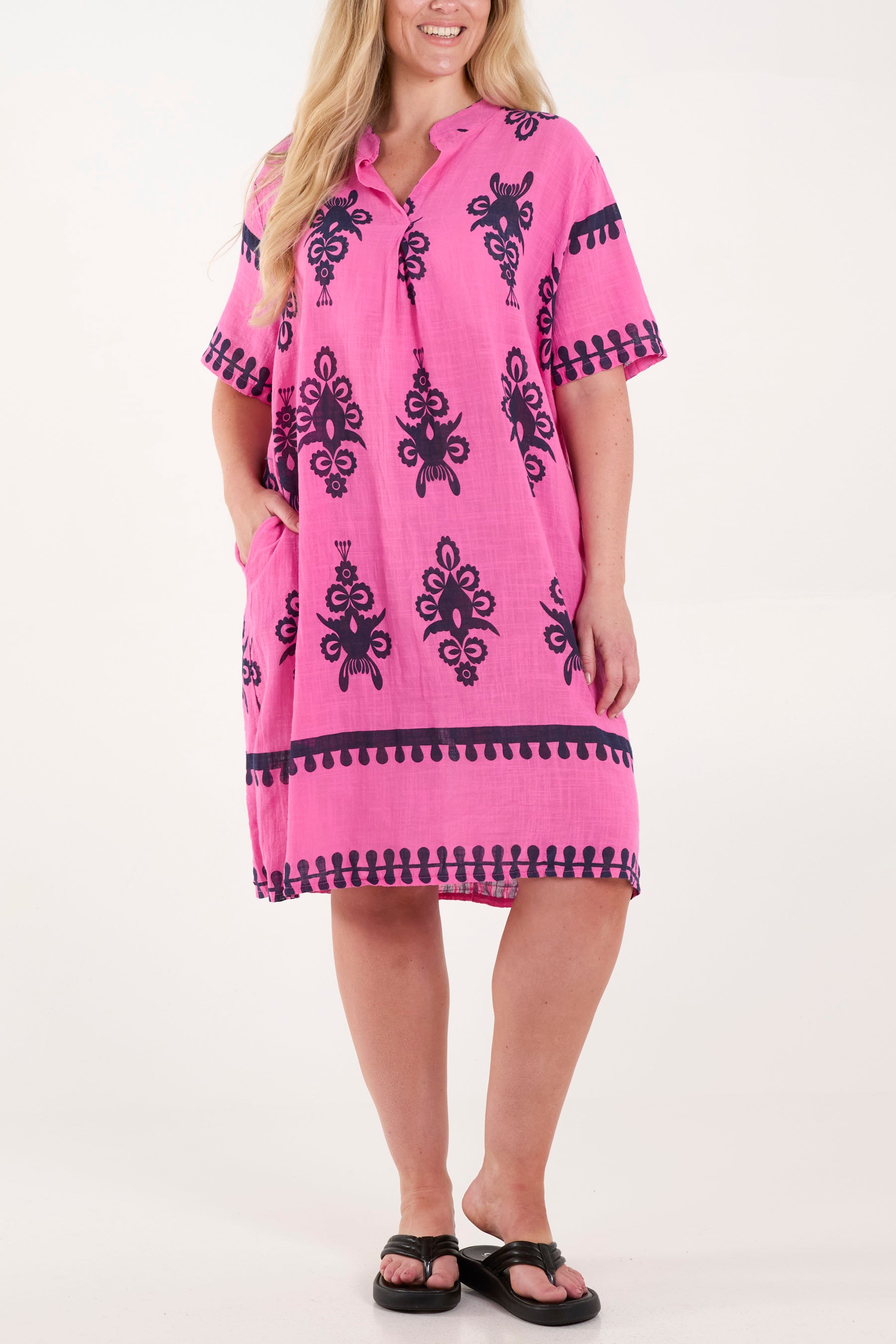 Grandad Collar Printed Cotton Dress