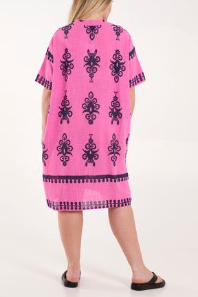 Grandad Collar Printed Cotton Dress