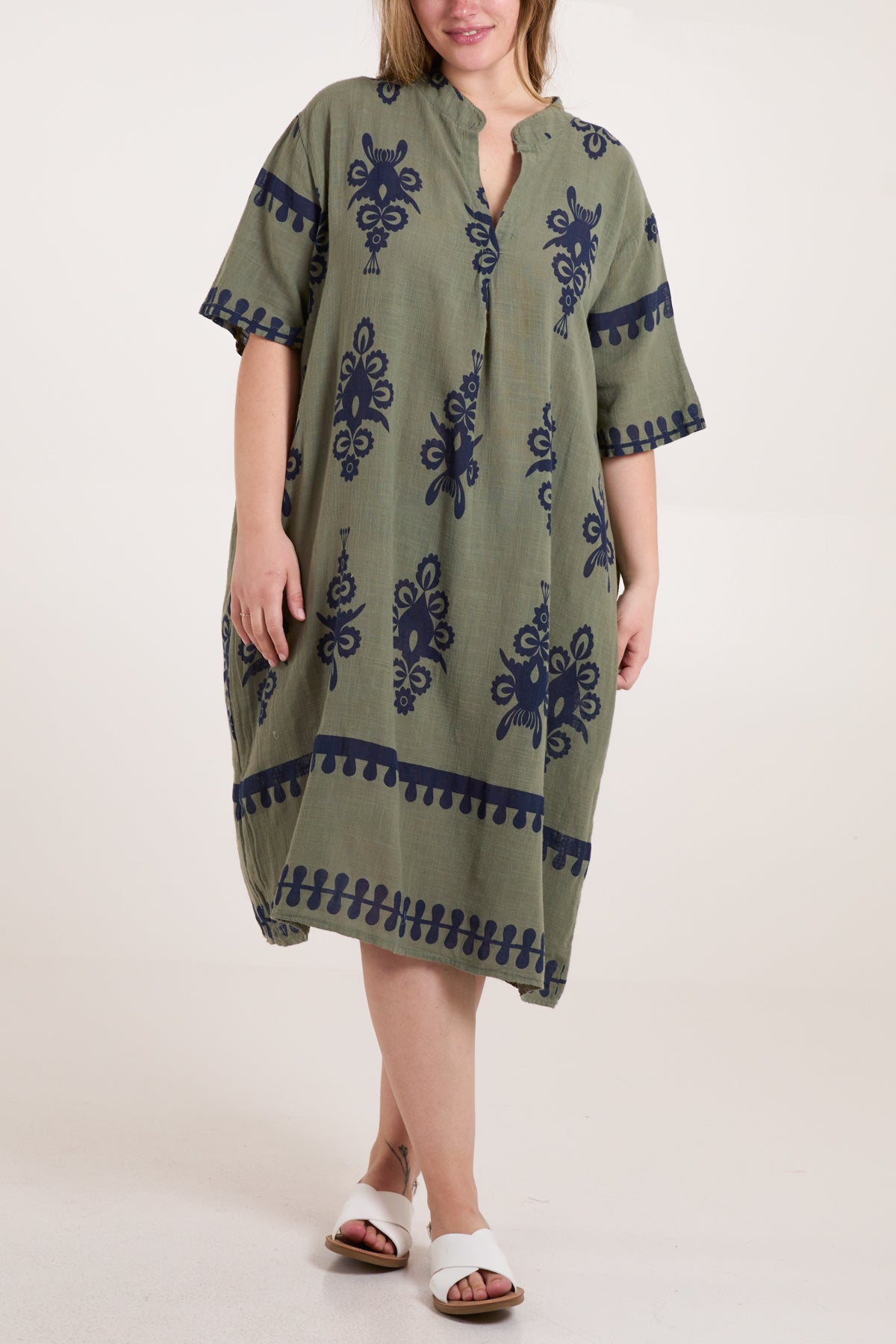 Grandad Collar Printed Cotton Dress