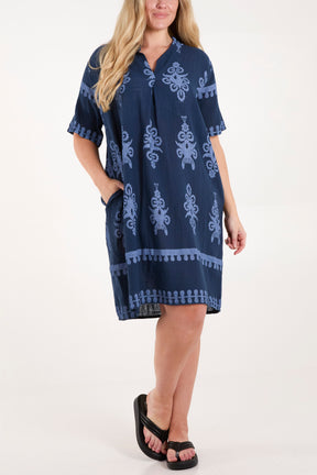 Grandad Collar Printed Cotton Dress