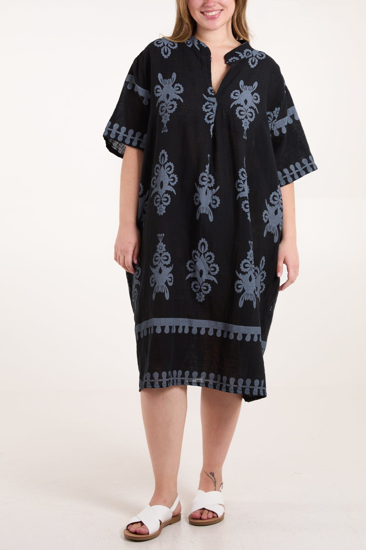 Grandad Collar Printed Cotton Dress