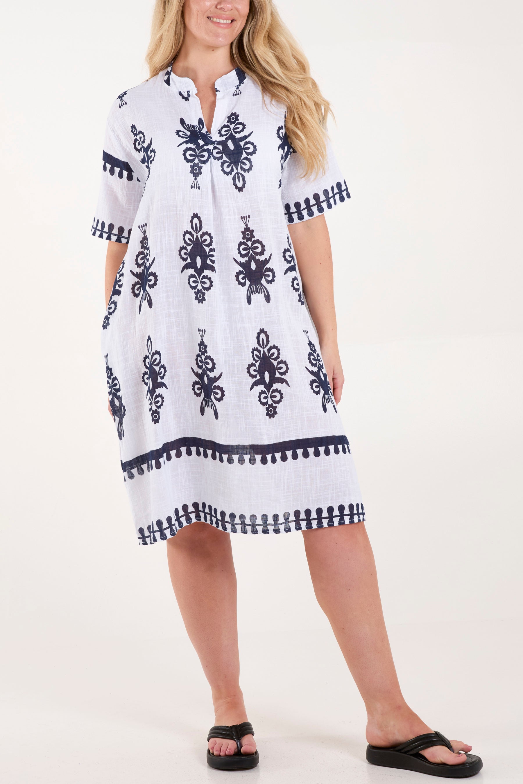 Grandad Collar Printed Cotton Dress