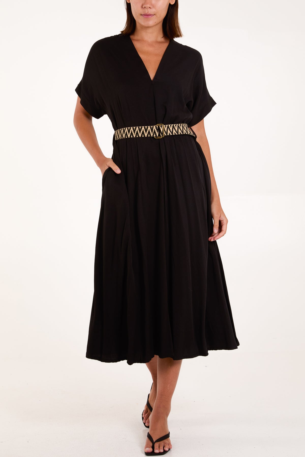 V-Neck Side Pocket Belted Dress