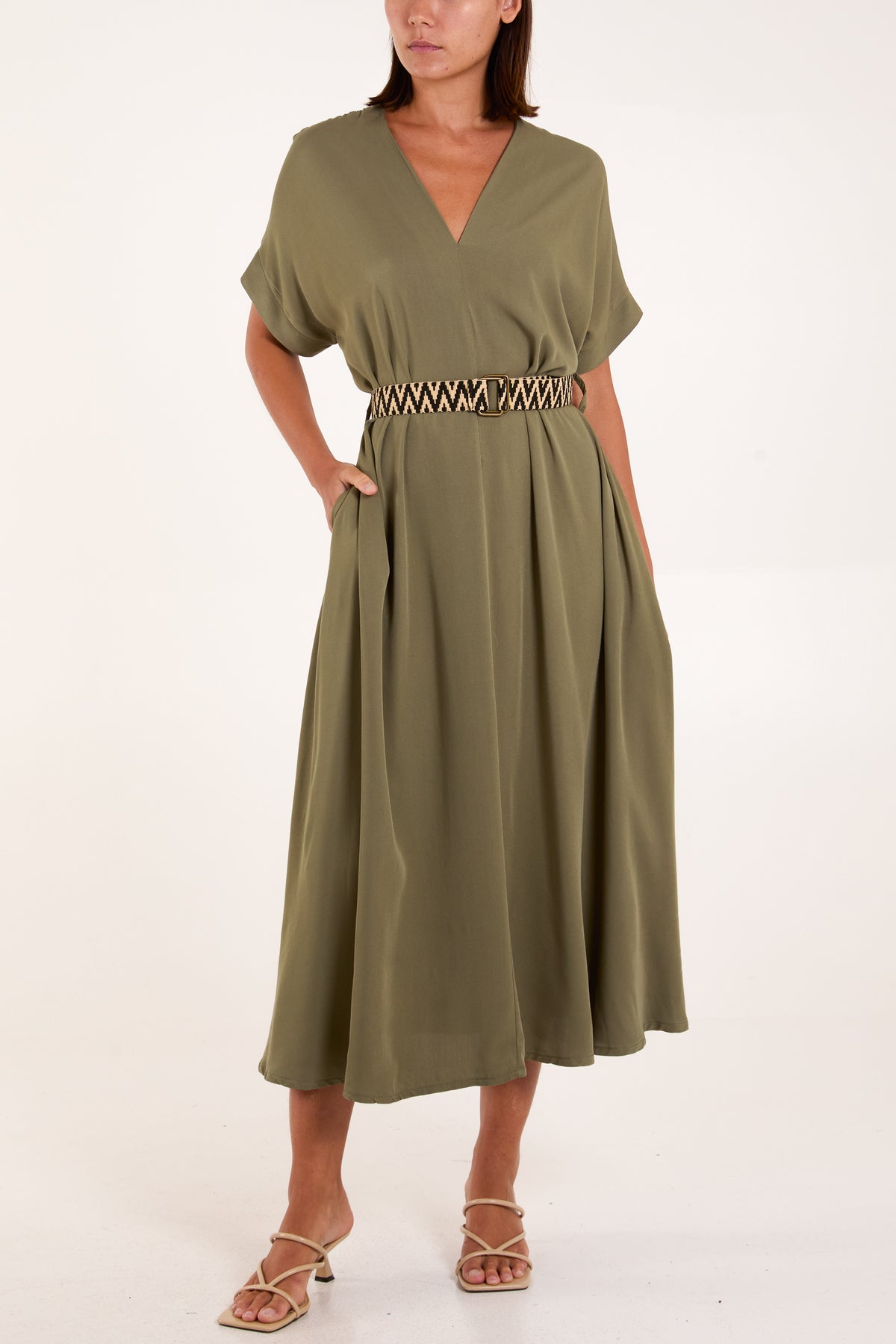 V-Neck Side Pocket Belted Dress