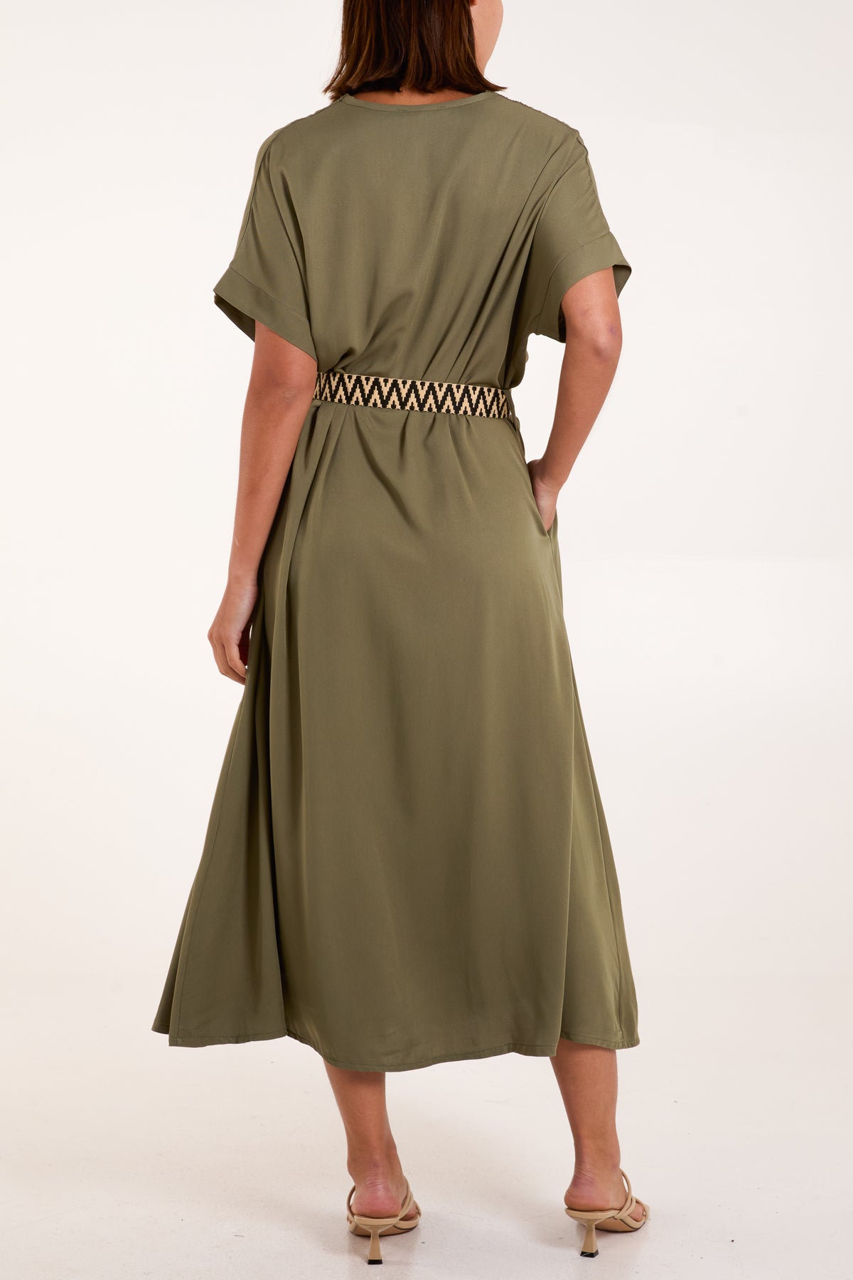 V-Neck Side Pocket Belted Dress