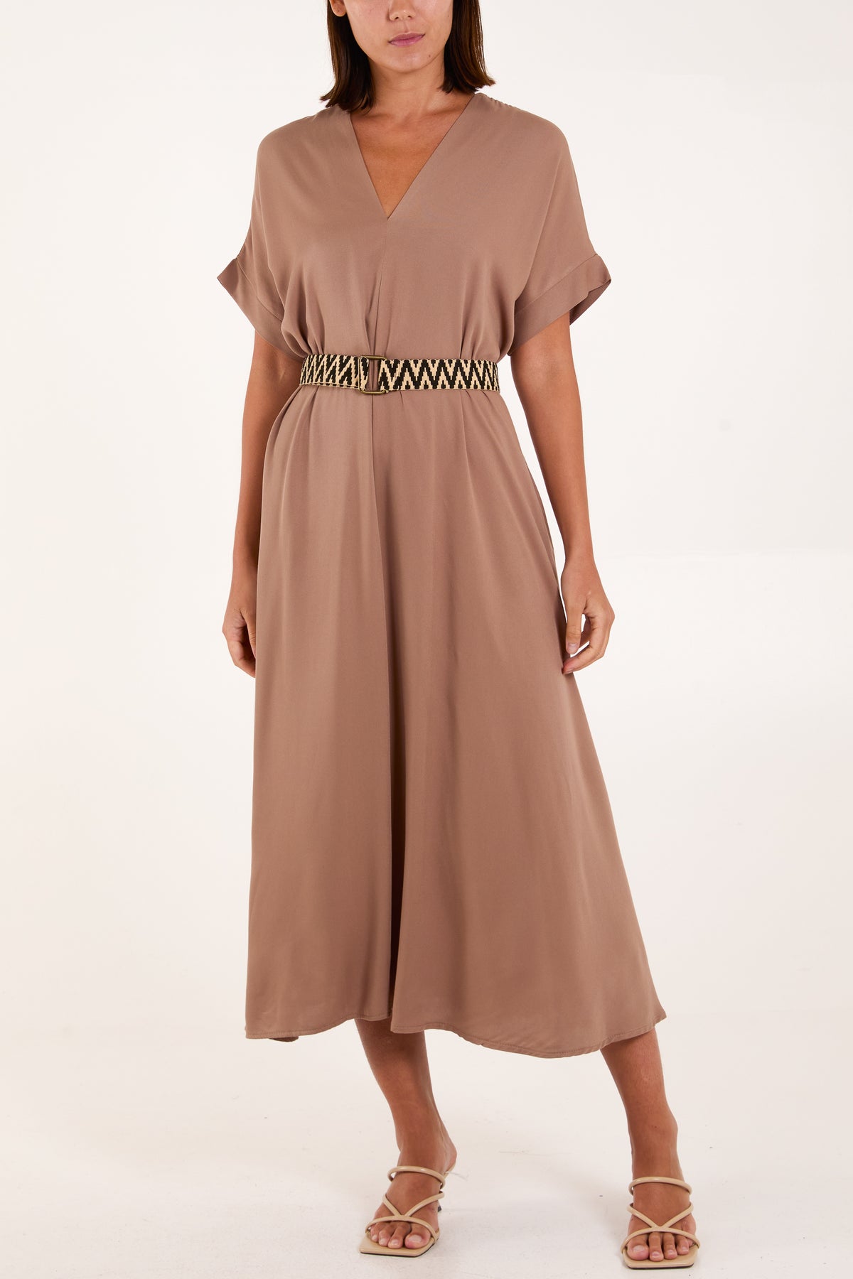 V-Neck Side Pocket Belted Dress