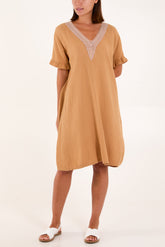 Gold Embroidered Cheesecloth Dress