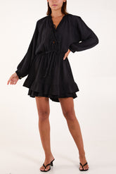 Triple Tie Front Cheesecloth Frill Dress