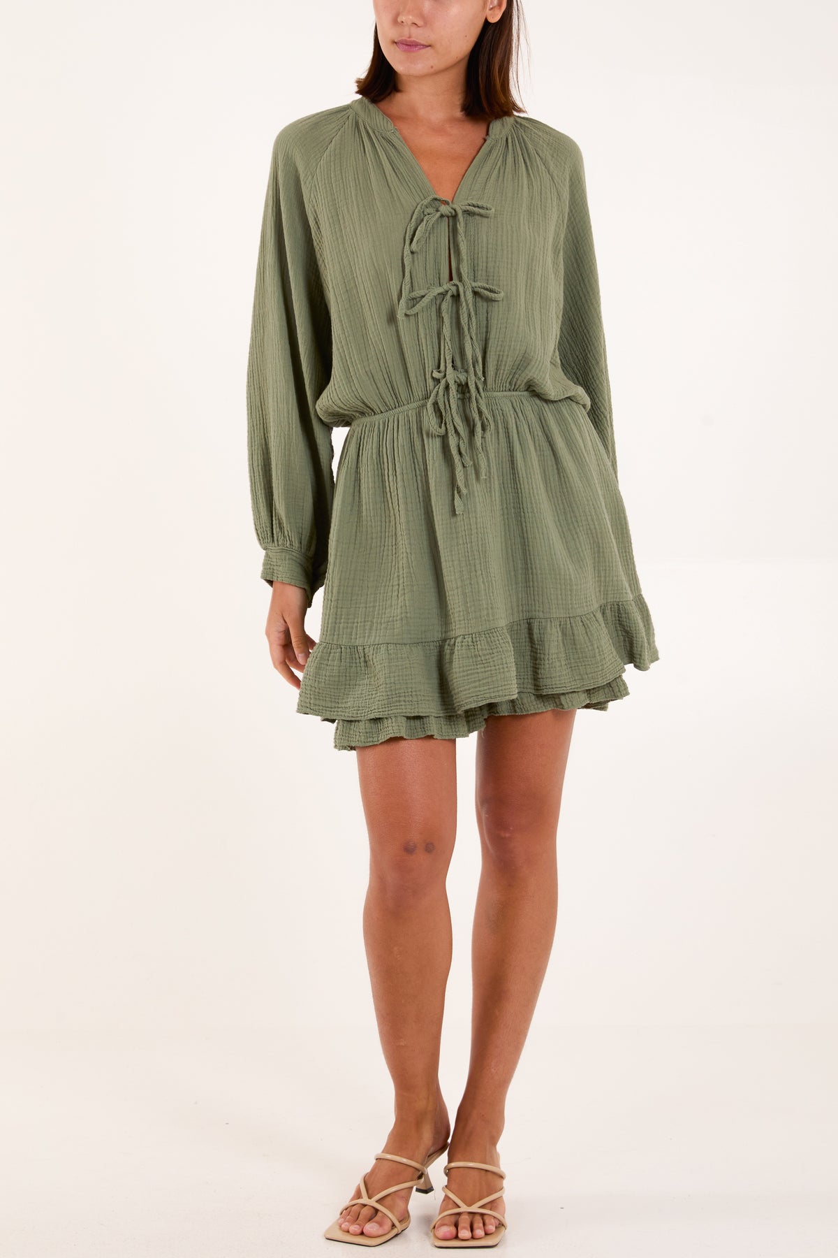 Triple Tie Front Cheesecloth Frill Dress