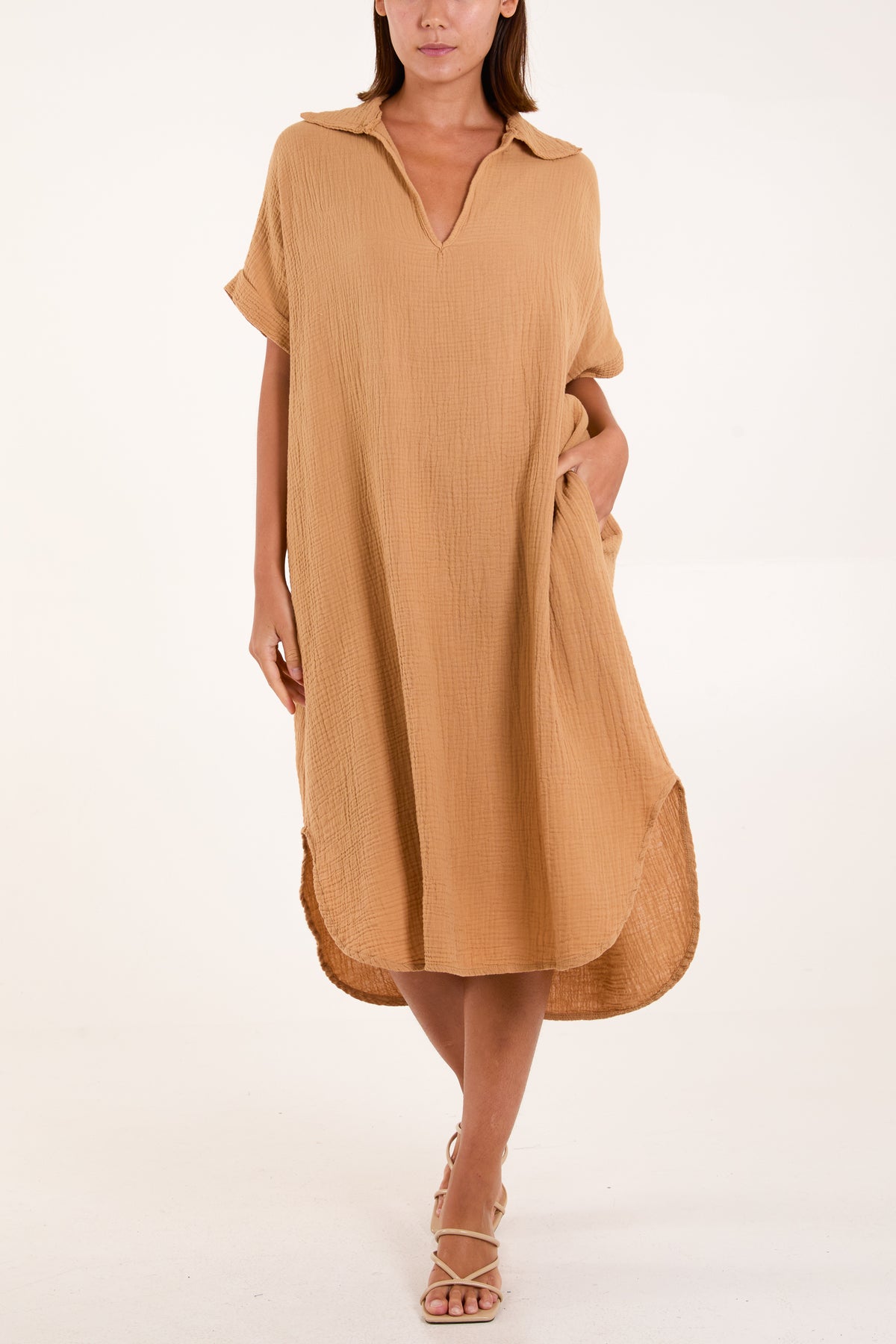 Open Collar Cheesecloth Pockets Dress