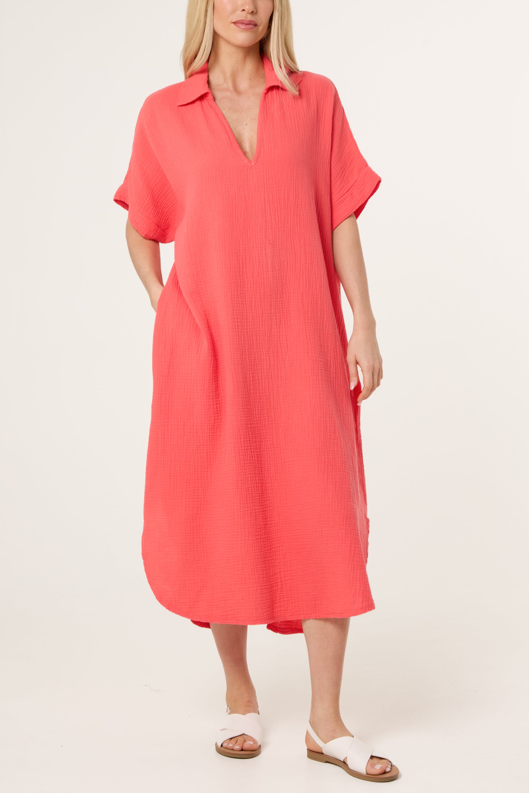 Open Collar Cheesecloth Pockets Dress