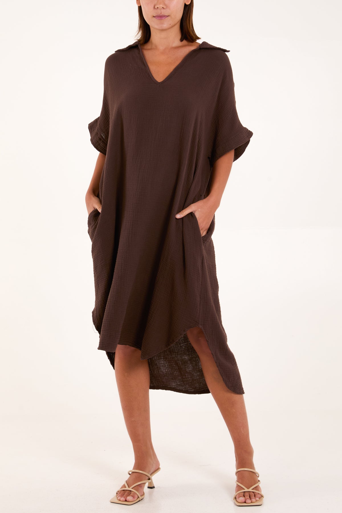 Open Collar Cheesecloth Pockets Dress
