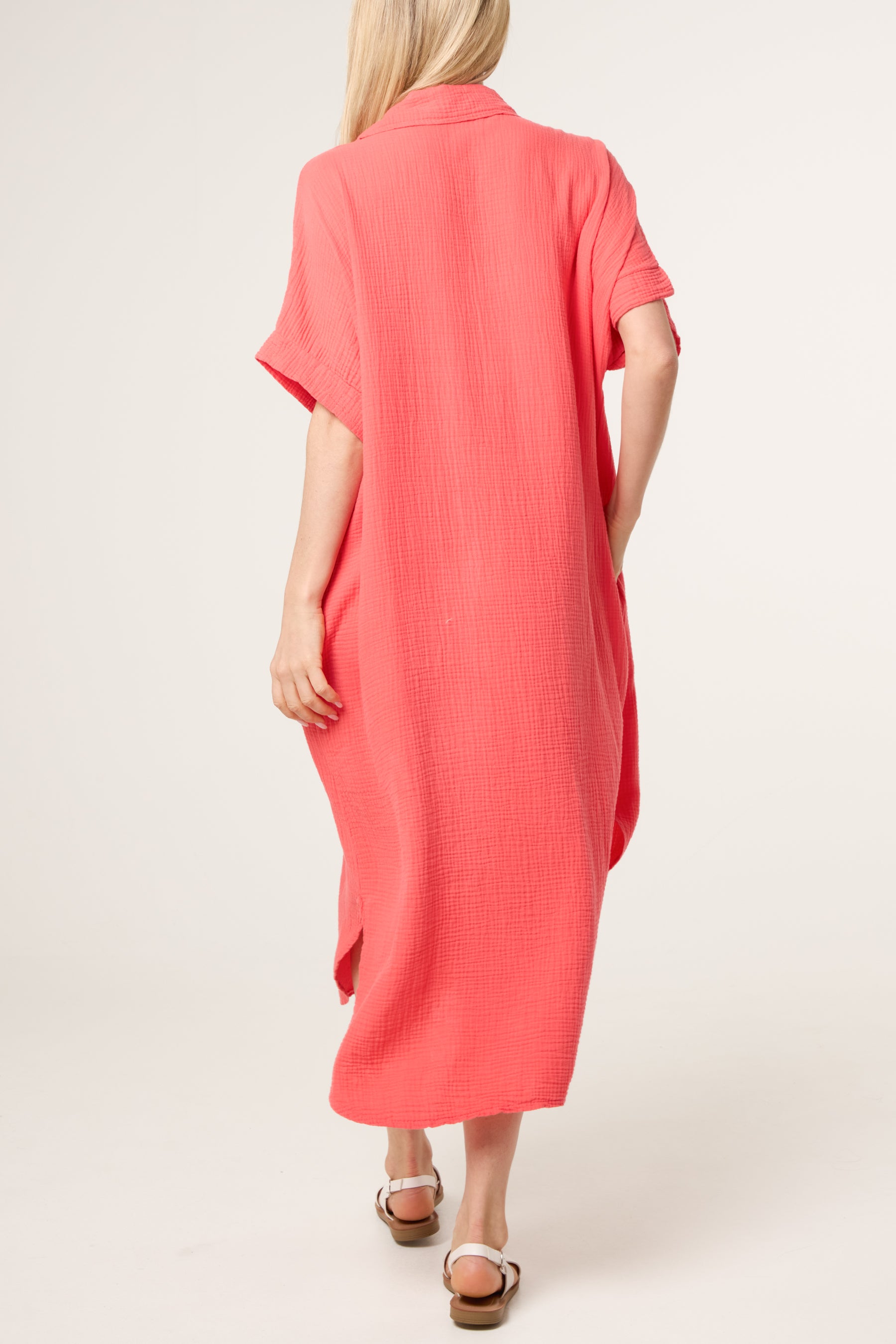 Open Collar Cheesecloth Pockets Dress