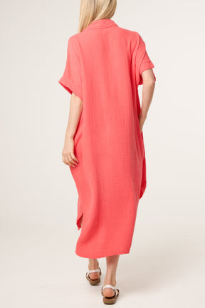 Open Collar Cheesecloth Pockets Dress