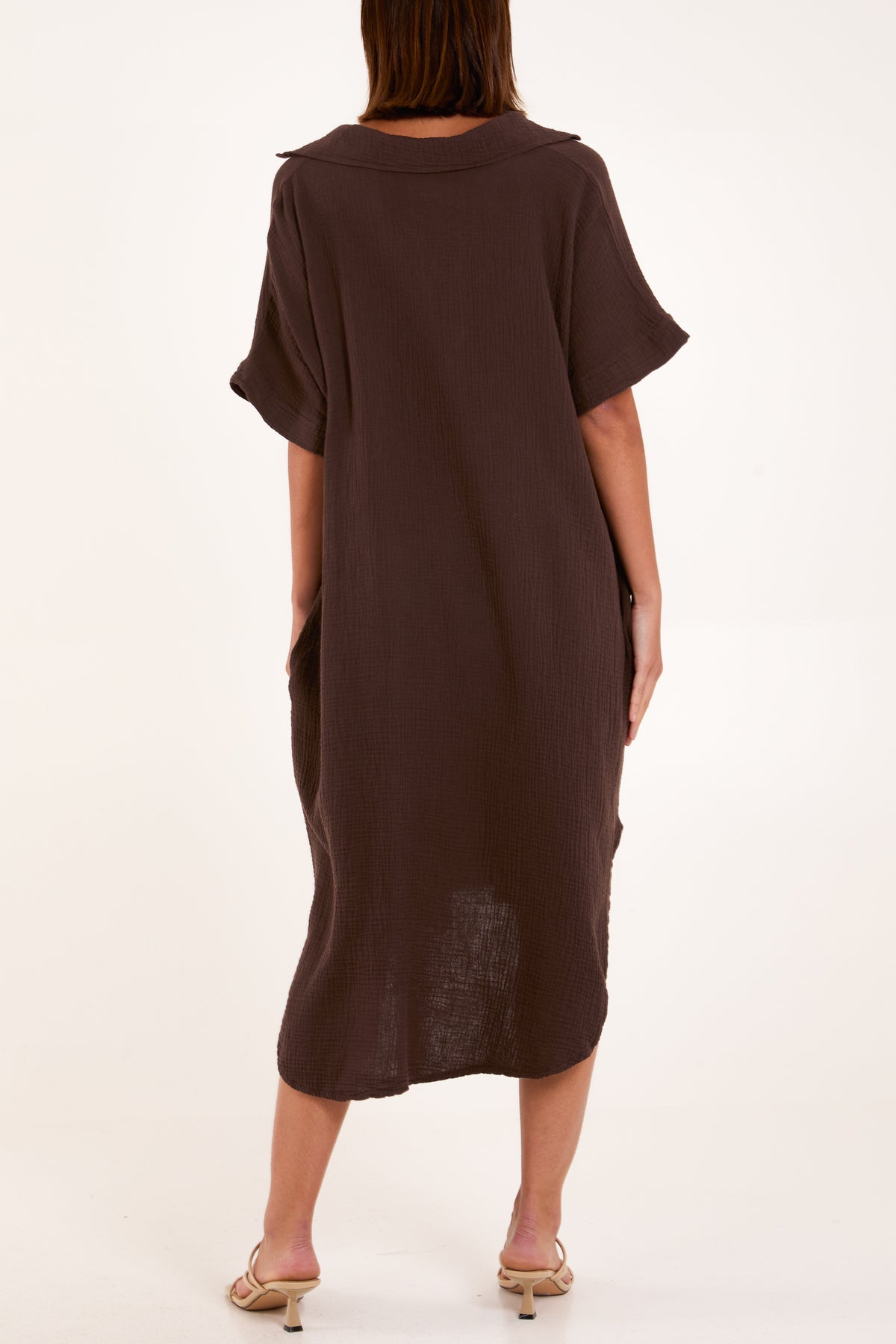 Open Collar Cheesecloth Pockets Dress