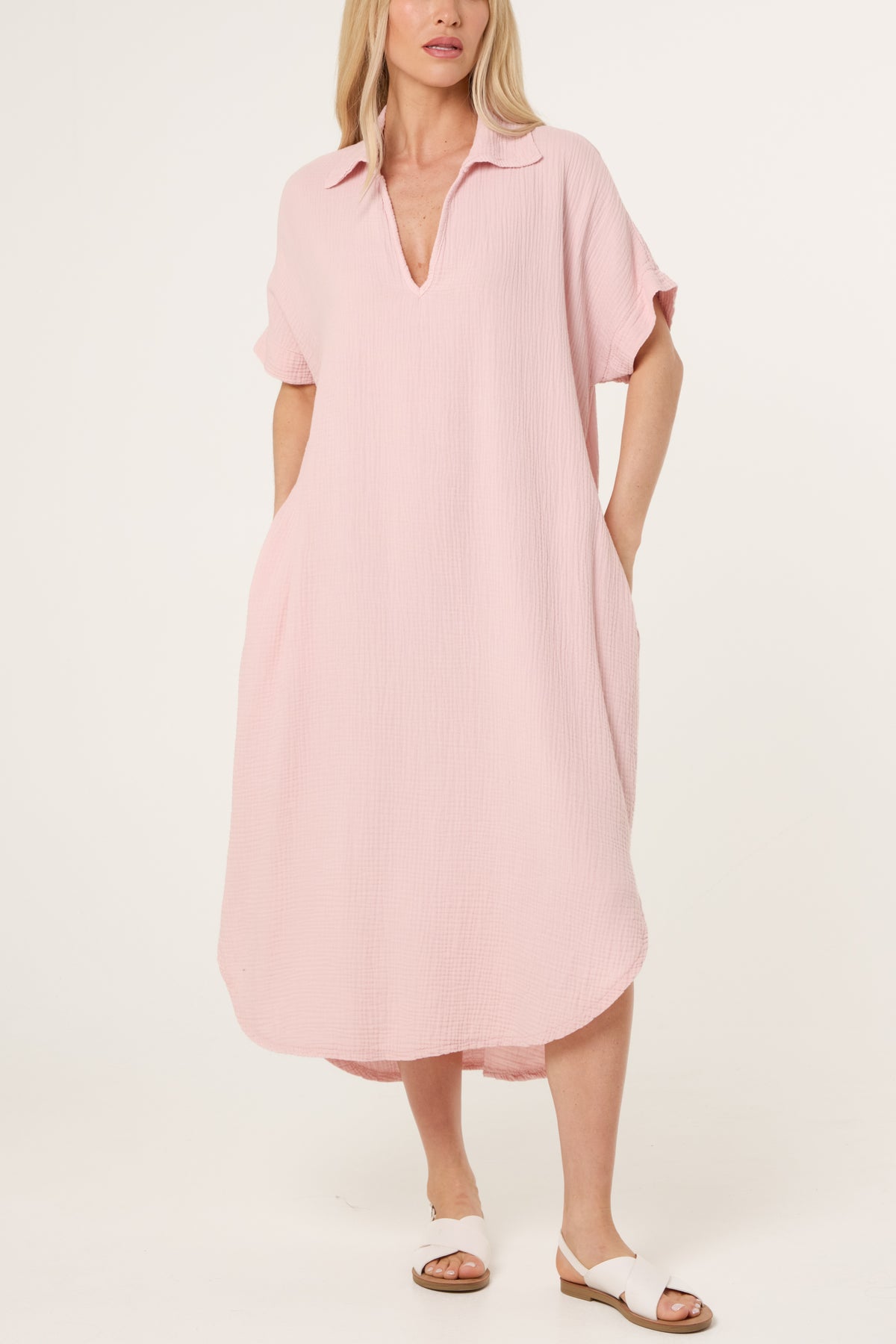 Open Collar Cheesecloth Pockets Dress