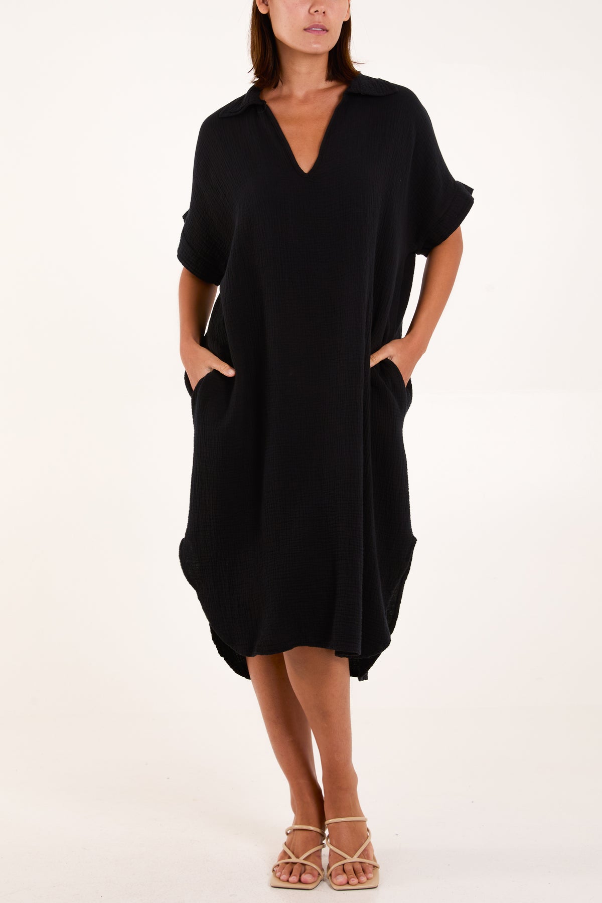 Open Collar Cheesecloth Pockets Dress