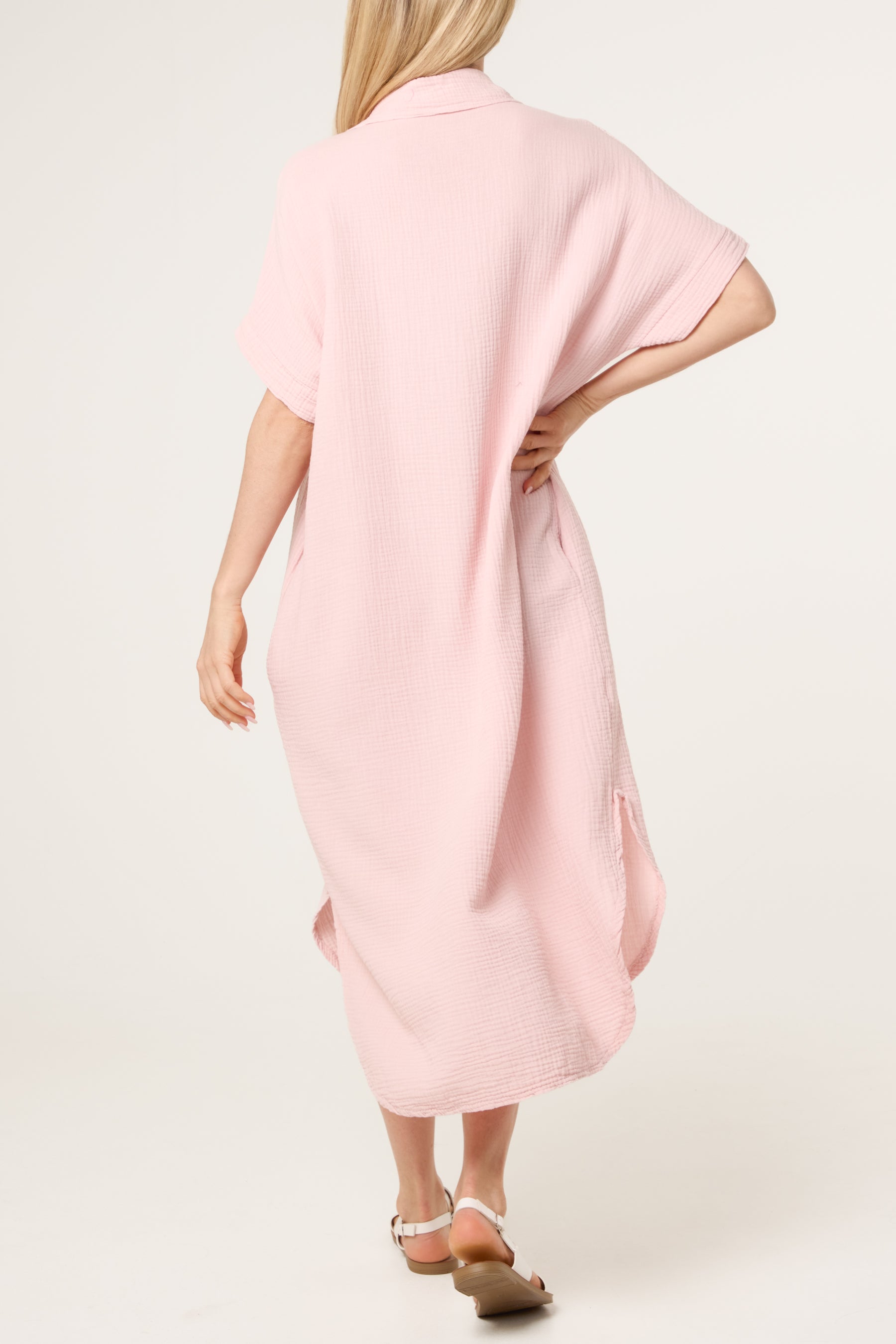 Open Collar Cheesecloth Pockets Dress