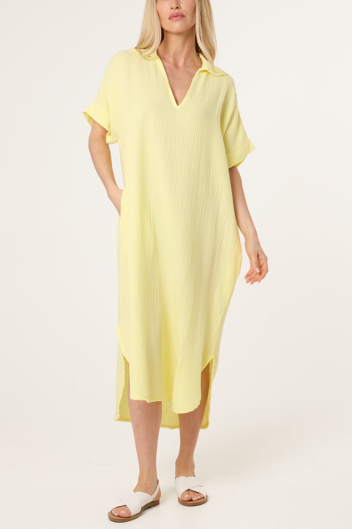 Open Collar Cheesecloth Pockets Dress