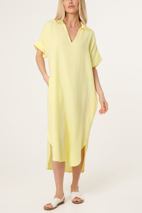Open Collar Cheesecloth Pockets Dress