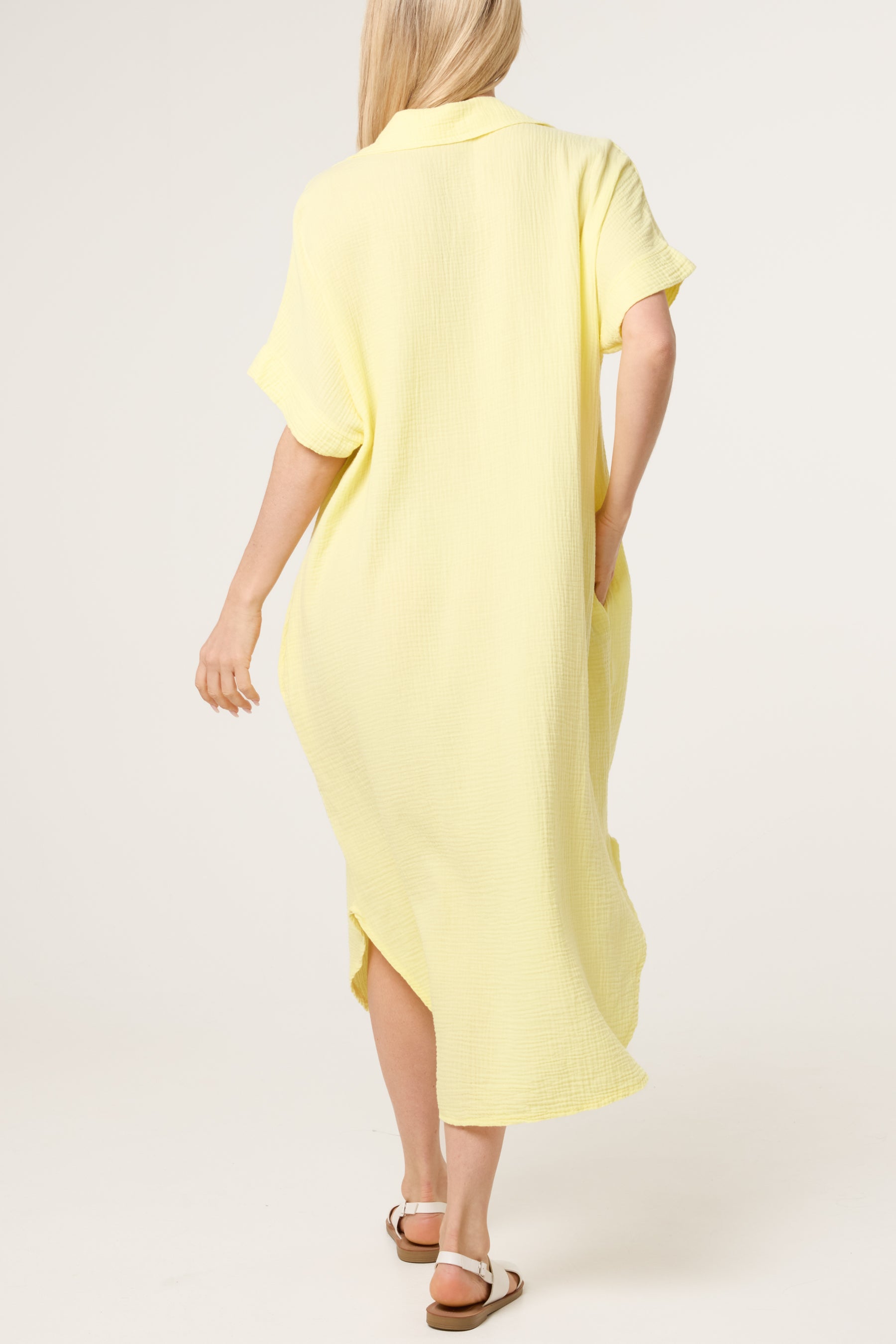 Open Collar Cheesecloth Pockets Dress