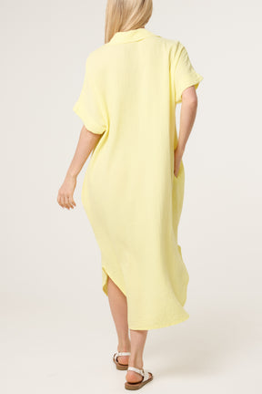 Open Collar Cheesecloth Pockets Dress
