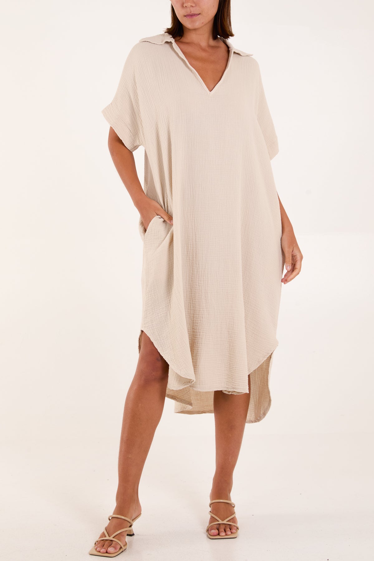 Open Collar Cheesecloth Pockets Dress