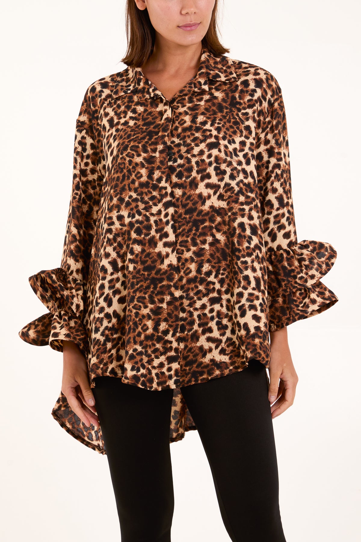 Leopard Double Layer Frill Sleeve Shirt