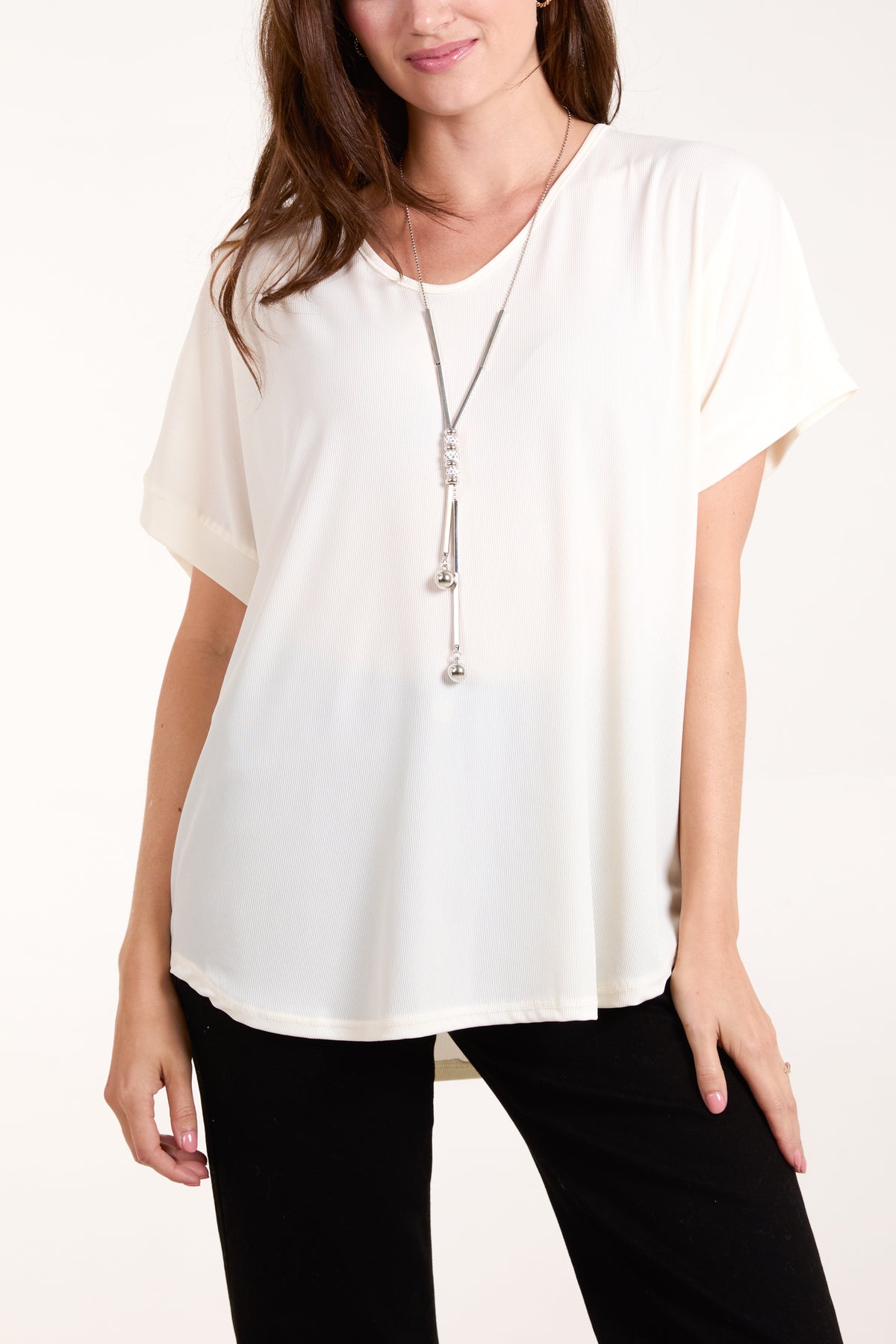 Necklace Short Sleeve Ribbed Top