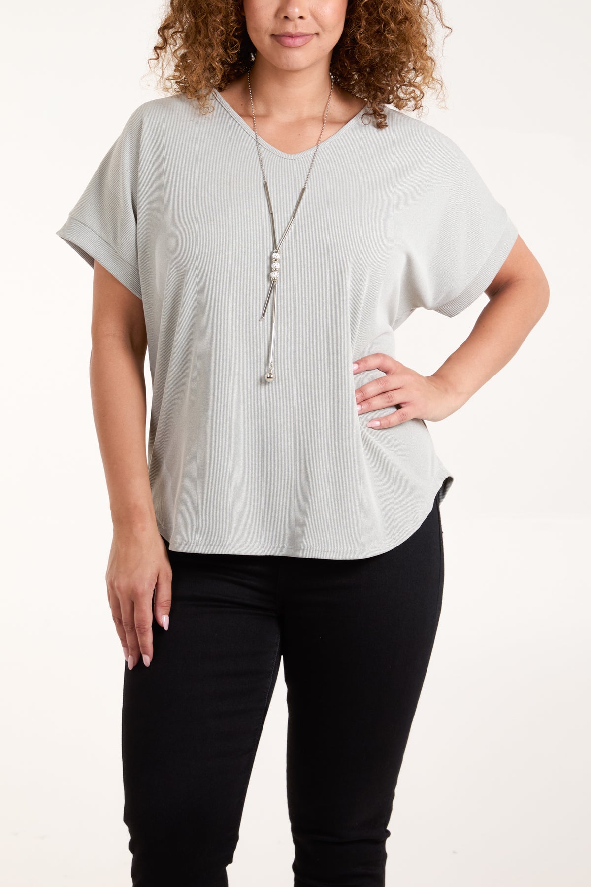 Necklace Short Sleeve Ribbed Top