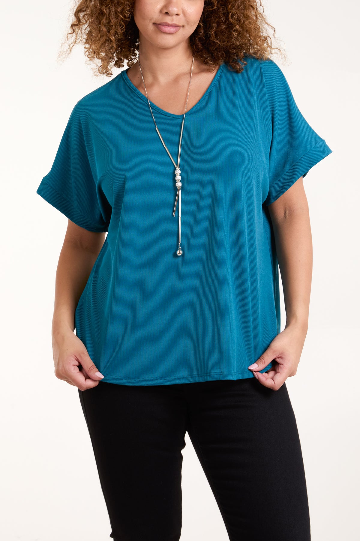 Necklace Short Sleeve Ribbed Top
