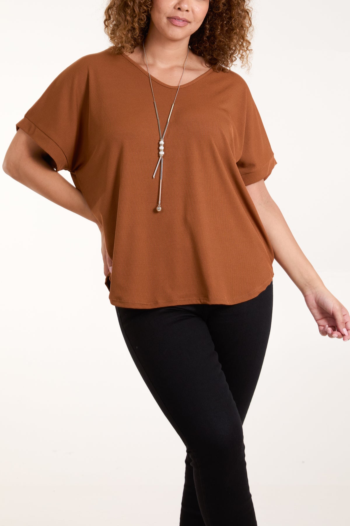 Necklace Short Sleeve Ribbed Top