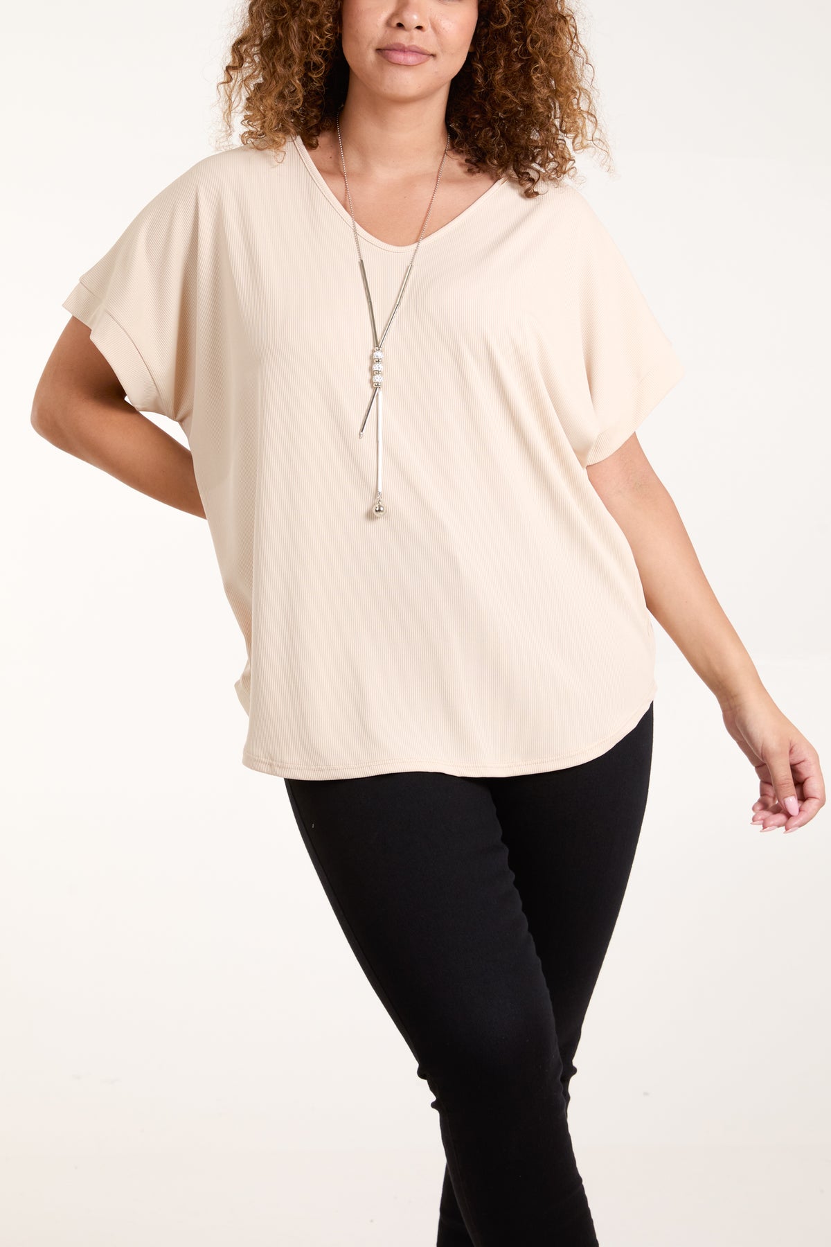 Necklace Short Sleeve Ribbed Top