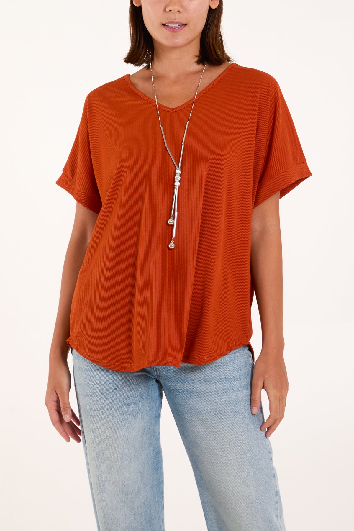 Necklace Short Sleeve Ribbed Top
